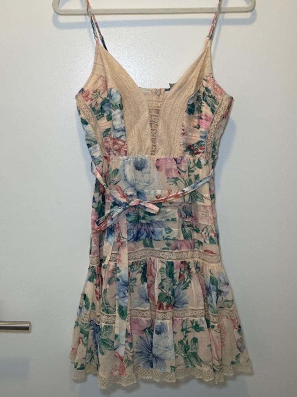 Zimmerman Floral Lace Trim Spaghetti Strap Mini Dress - Cream & Pastel Floral